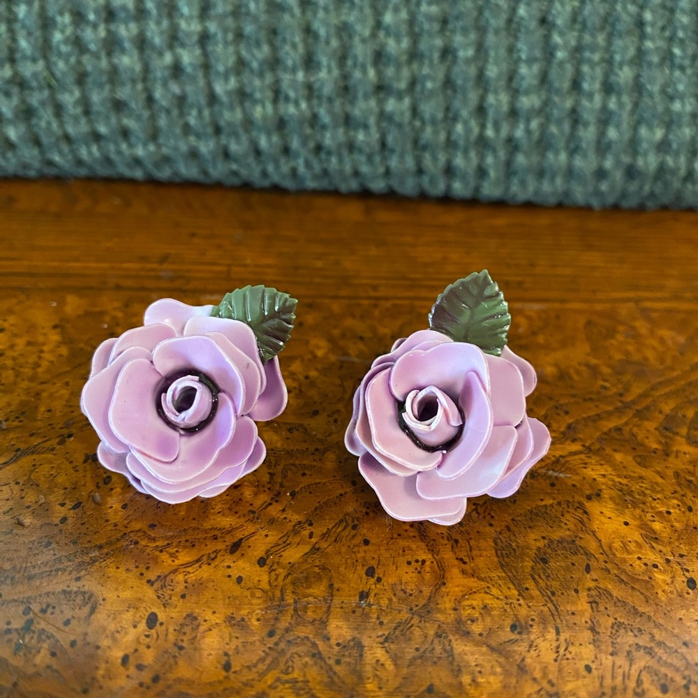 Vintage Lavender Rose Denton England Flower Screw Back Earrings